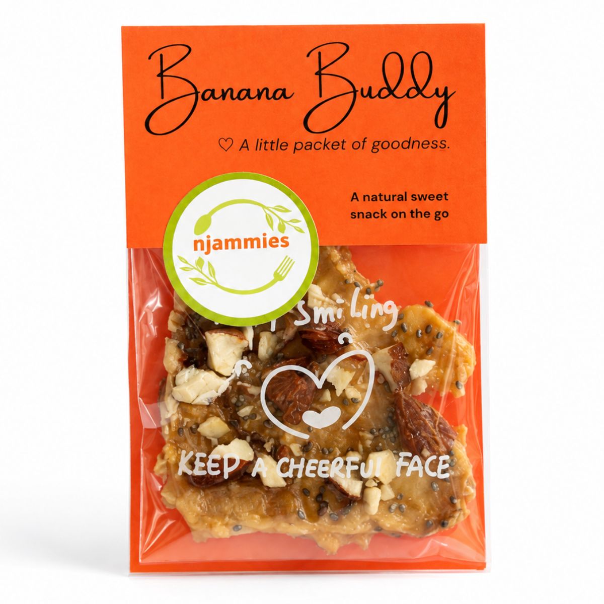 Njammies Banana Buddy dried banana topped with a crunchy mix of nuts and seeds in orange packaging.