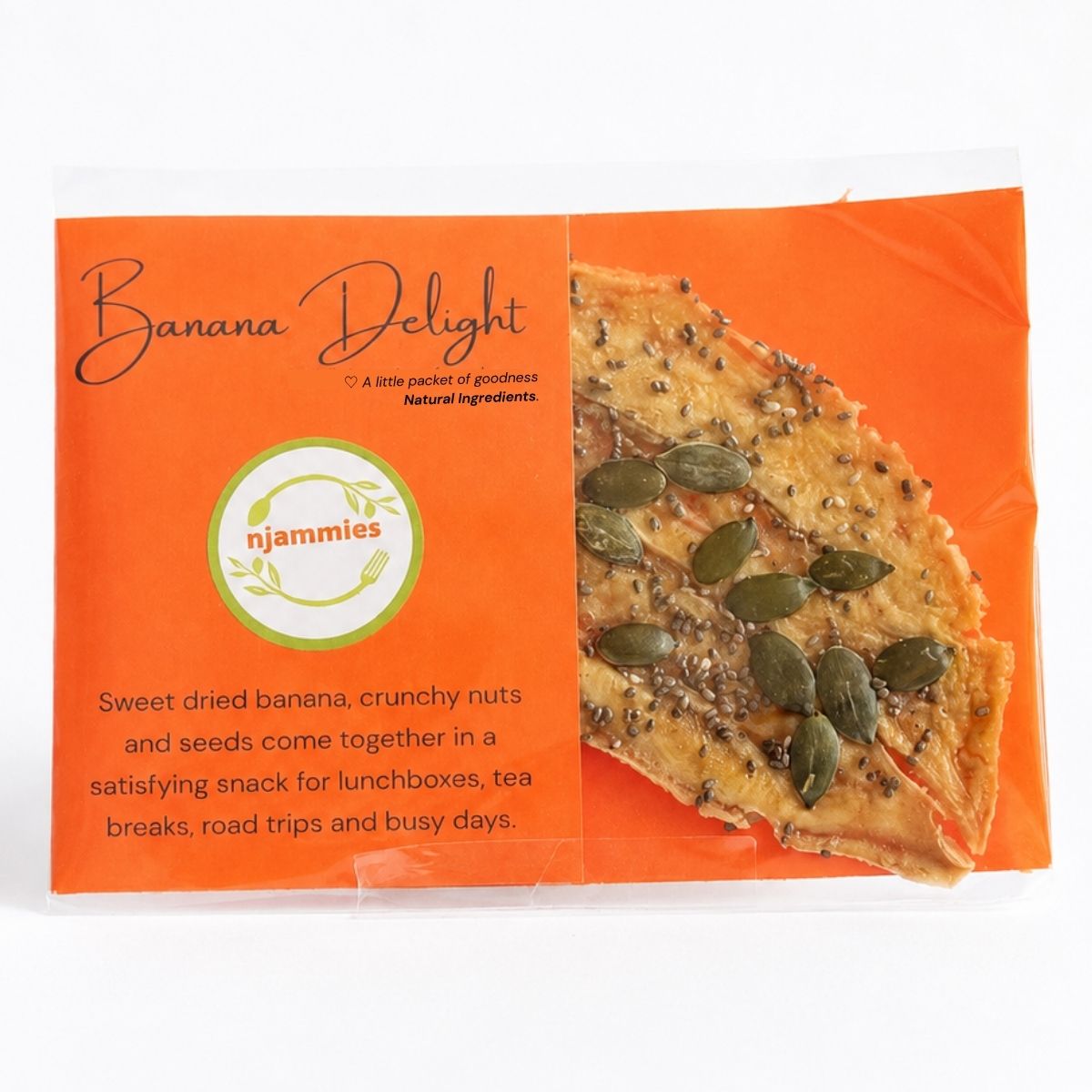 Njammies Banana Delight dried banana topped with crunchy nuts and seeds in orange packaging.