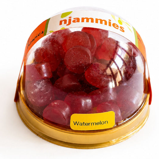 Red Njammies Watermelon Fresh Fruit Chewies in a clear dome container.