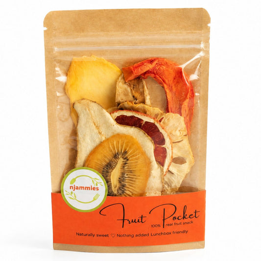 Njammies Fruit Pocket dried fruit in a clear pouch with orange label.