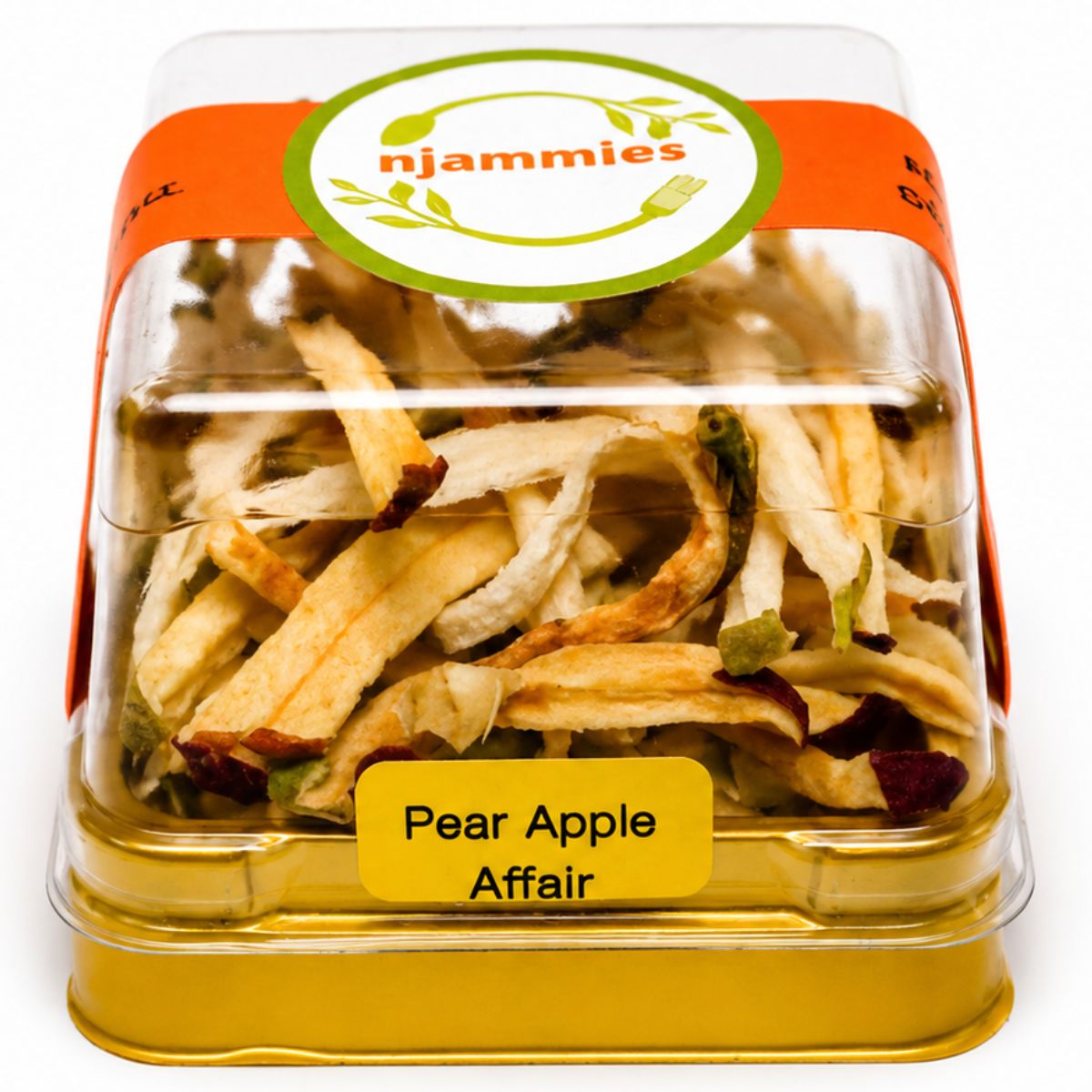 Njammies Pear Apple Affair Fruit String Mix with naturally dried pear and apple fruit strings in a clear dome container.