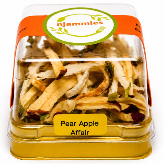 Njammies Pear Apple Affair Fruit String Mix with naturally dried pear and apple fruit strings in a clear dome container.