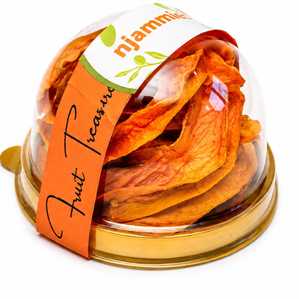 Njammies Papino Fruit Treasure with naturally dried papino pieces inside a clear dome container.