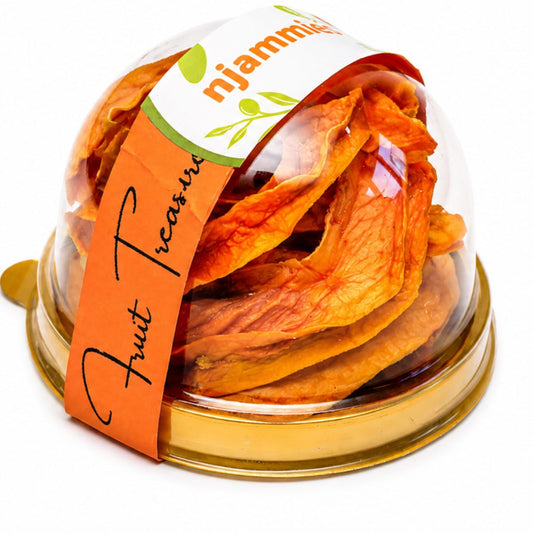 Njammies Papino Fruit Treasure with naturally dried papino pieces inside a clear dome container.