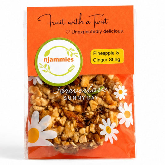 Njammies Fruit With A Twist dried fruit in its orange packaging.