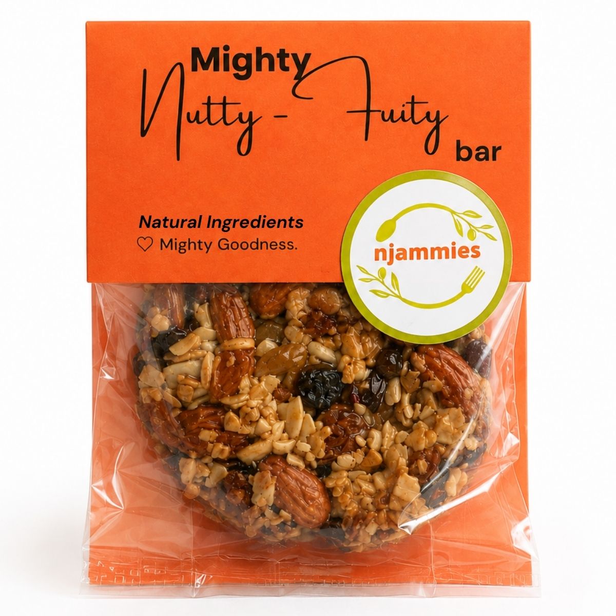 Njammies Mighty Nutty-Fruity Bite in its orange packaging.