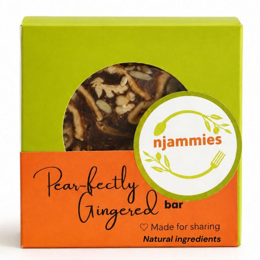 Njammies Pear-fectly Gingered Bar in its green and orange sharing box.