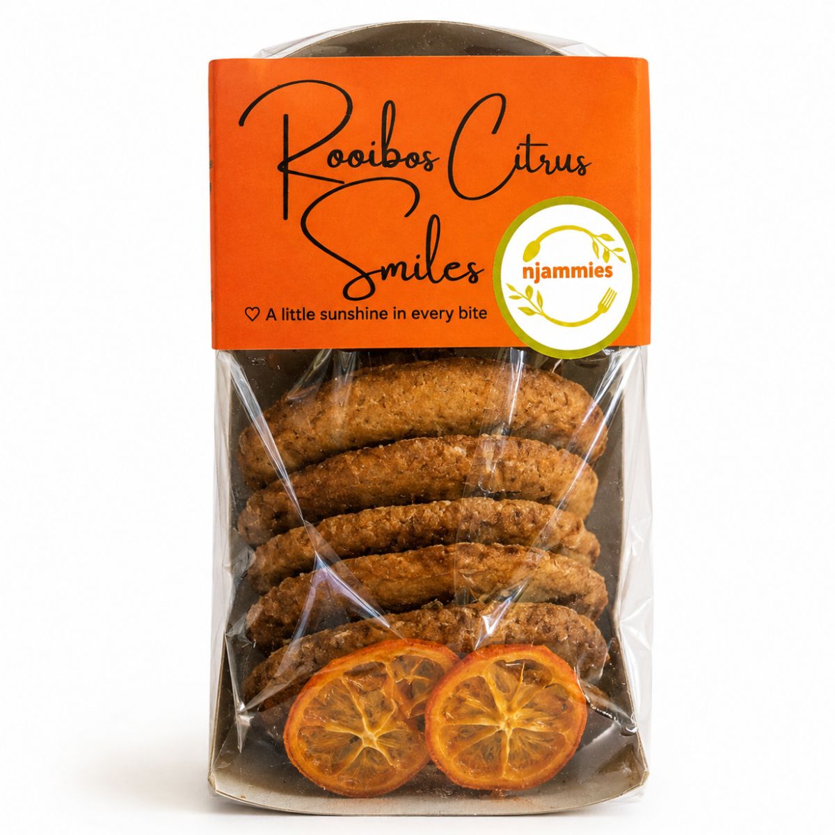 Njammies Rooibos Citrus Smiles cookies in their orange-labelled pack with dried citrus slices.