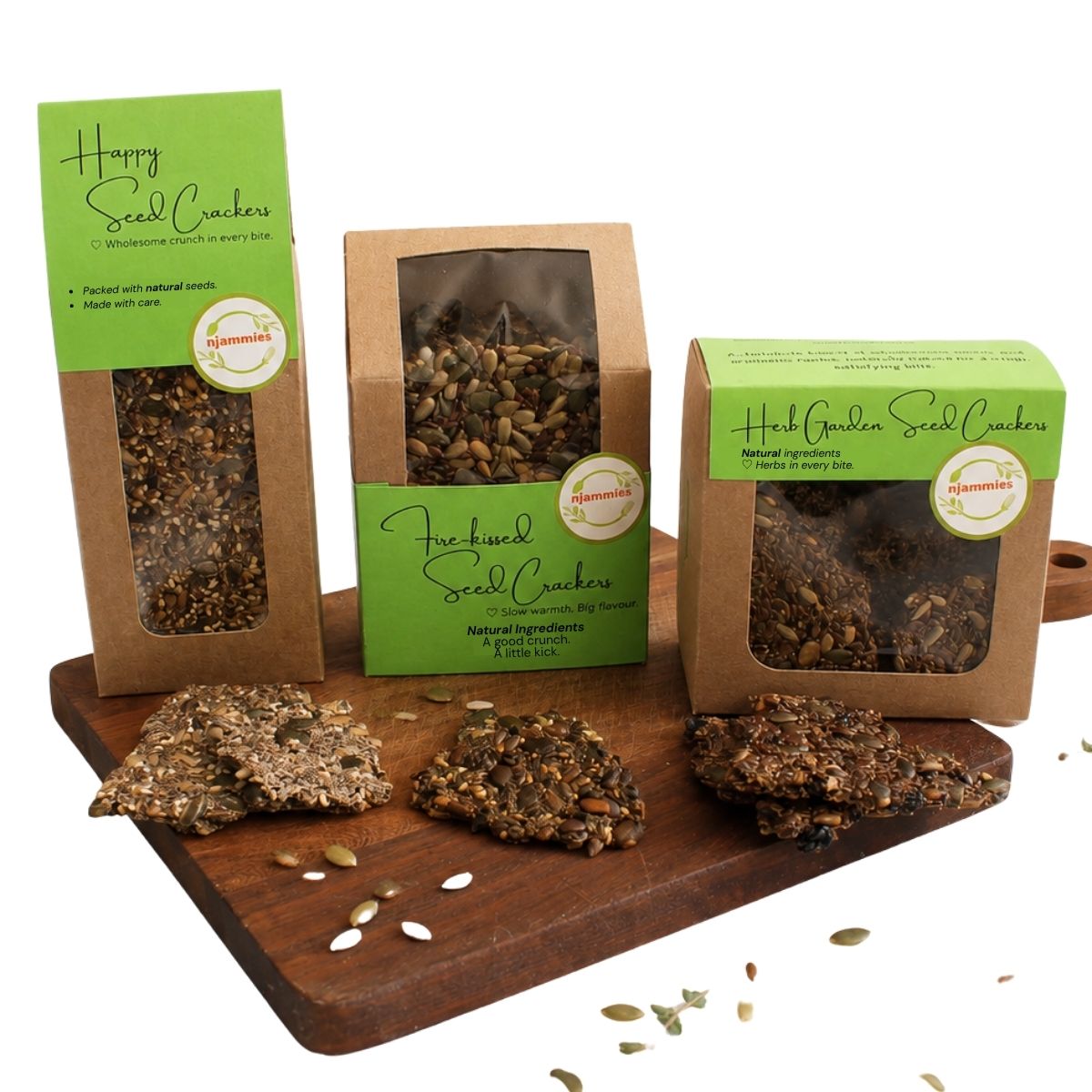 Njammies Happy Seed, Fire-kissed and Herb Garden Seed Crackers.