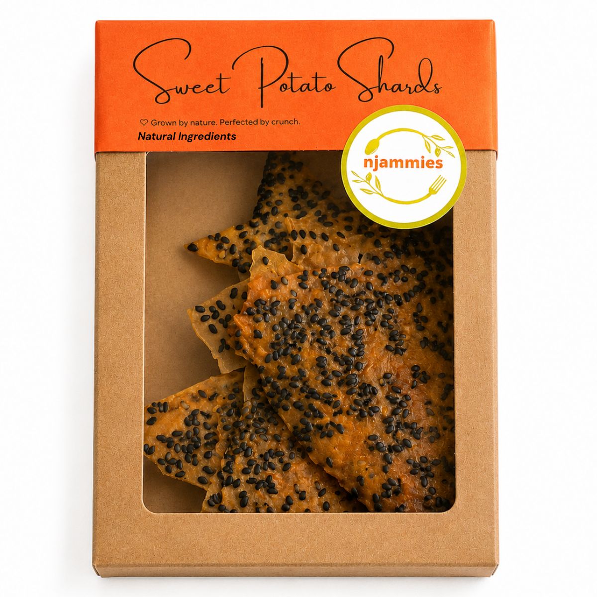 Njammies Sweet Potato Shards in kraft box packaging