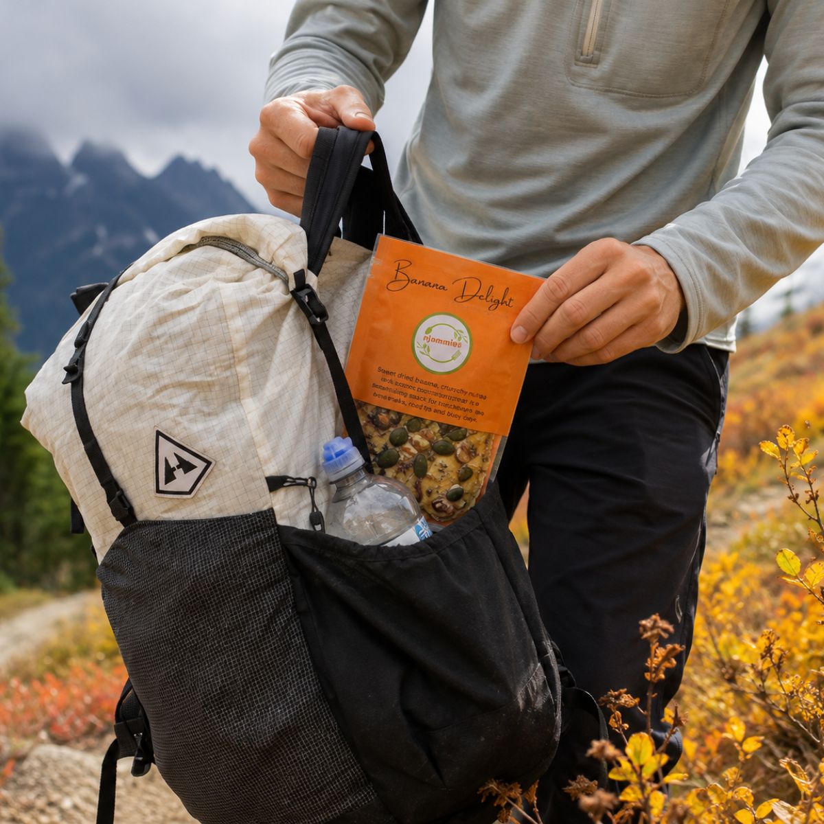 Hiker carrying Njammies Banana Delight as an easy snack for an outdoor adventure.