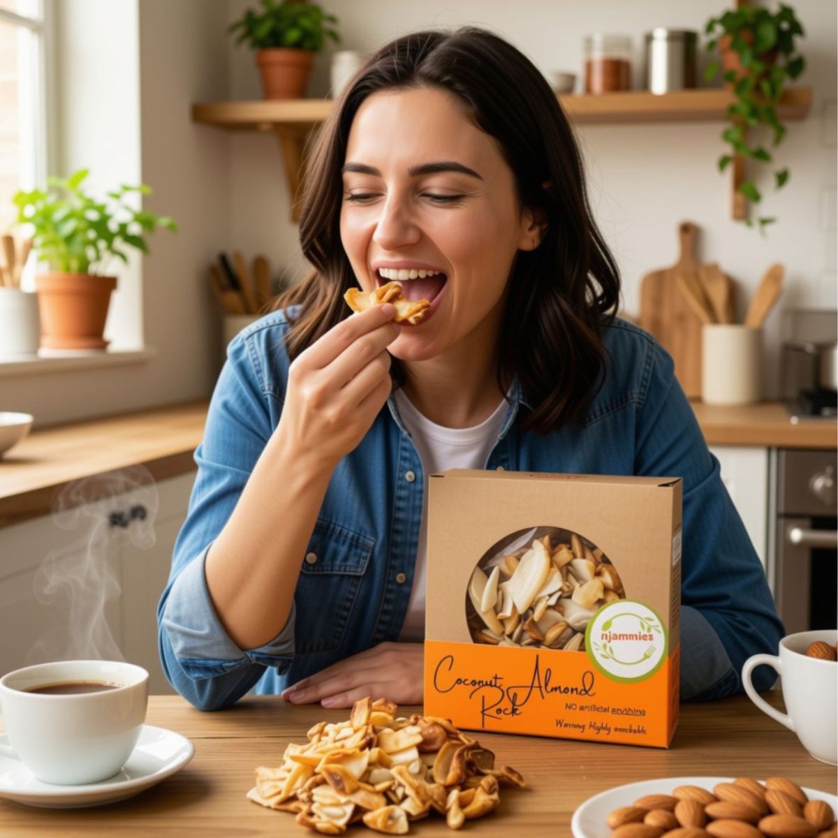 Woman enjoying Njammies Coconut Almond Rocks with coffee