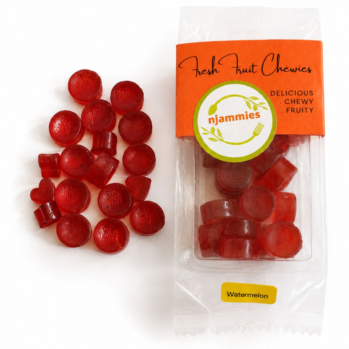 Njammies Watermelon Fresh Fruit Chewies with colourful chewy pieces beside the pack.
