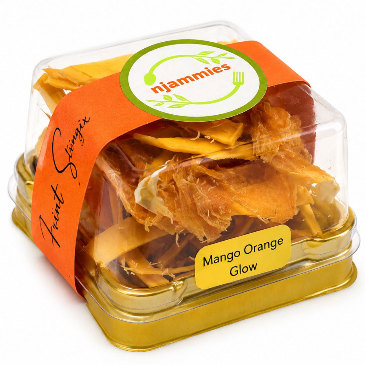 Njammies Pear Apple Affair Fruit String Mix with naturally dried mango and orangee fruit strings in a clear dome container.