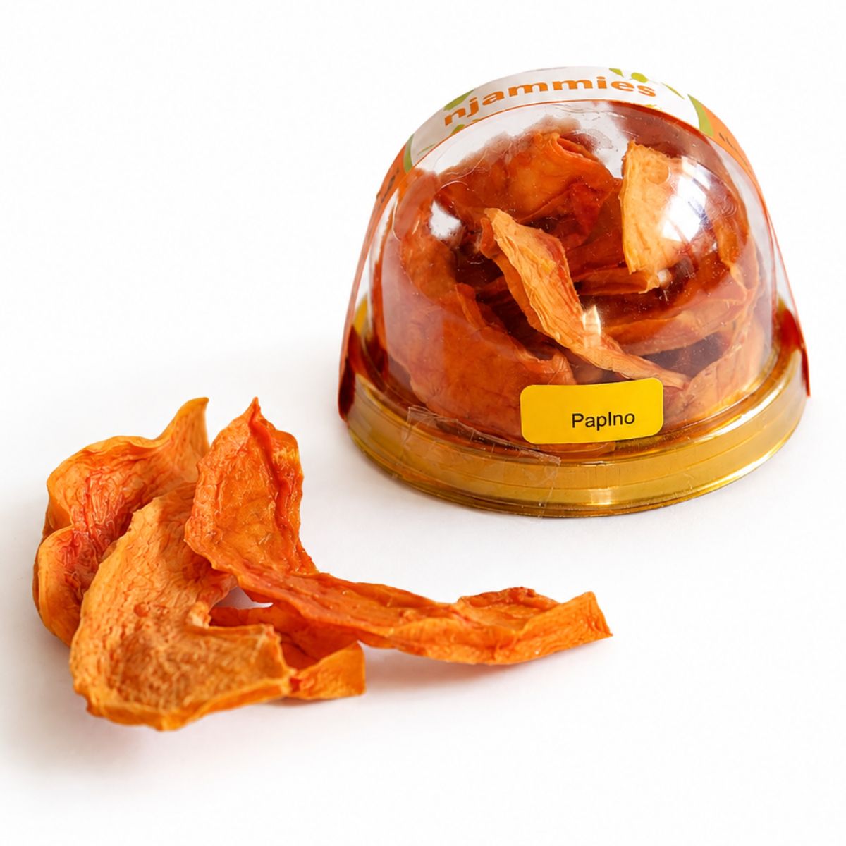 Njammies Papino Fruit Treasure with naturally dried papino pieces beside the clear dome container.