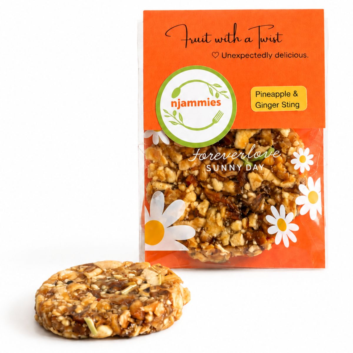 Njammies Fruit With A Twist pack with pieces of dried fruit displayed in front.