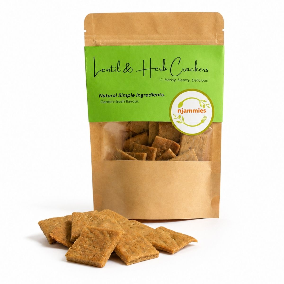 Lentil Herb Crackers in a Kraft packet