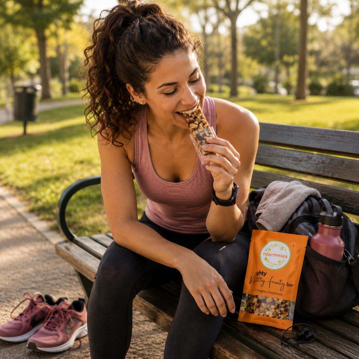 Woman enjoying a Njammies Mighty Nutty-Fruity Bite during an outdoor break.