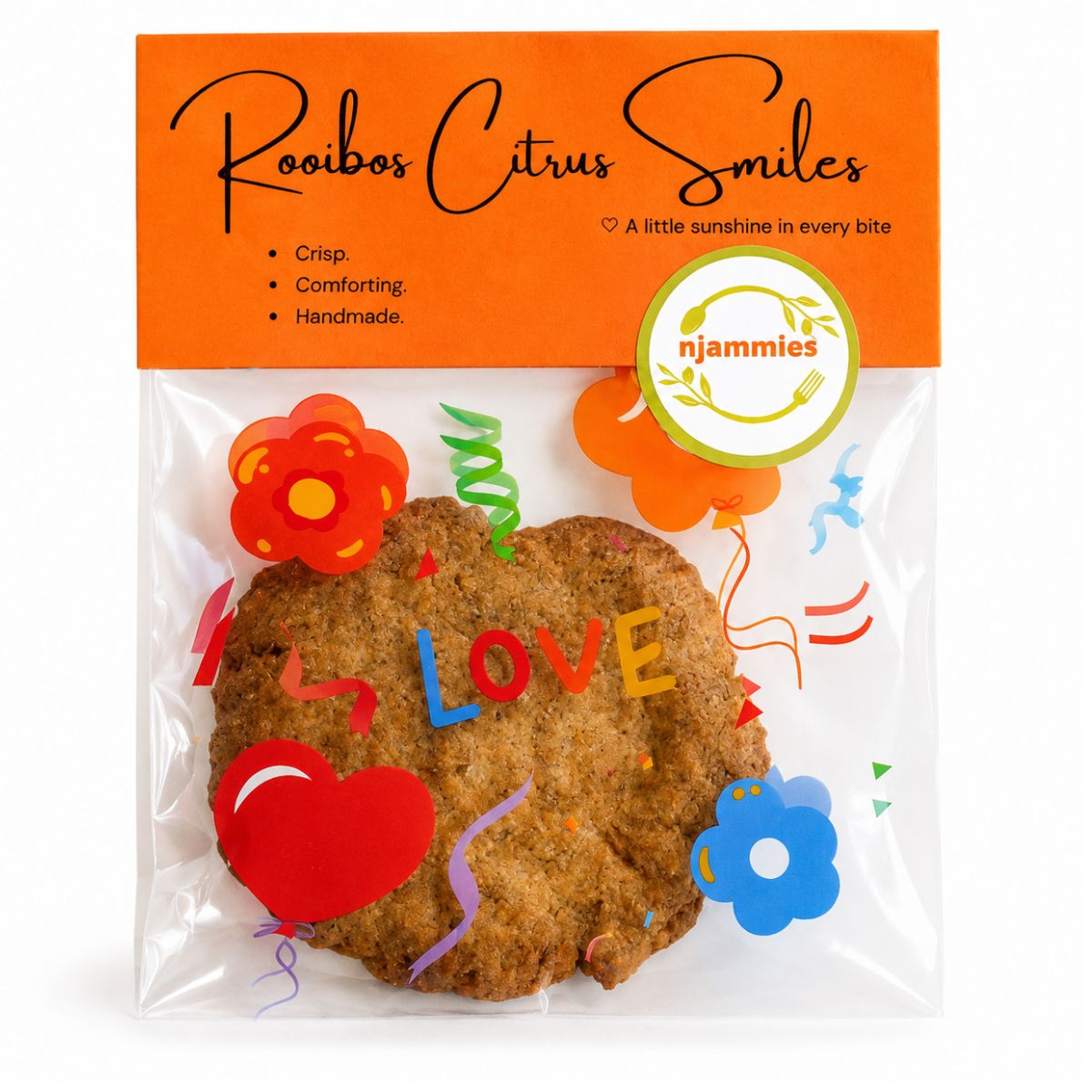 Njammies Rooibos Citrus Smiles packs with a cookie displayed in front.
