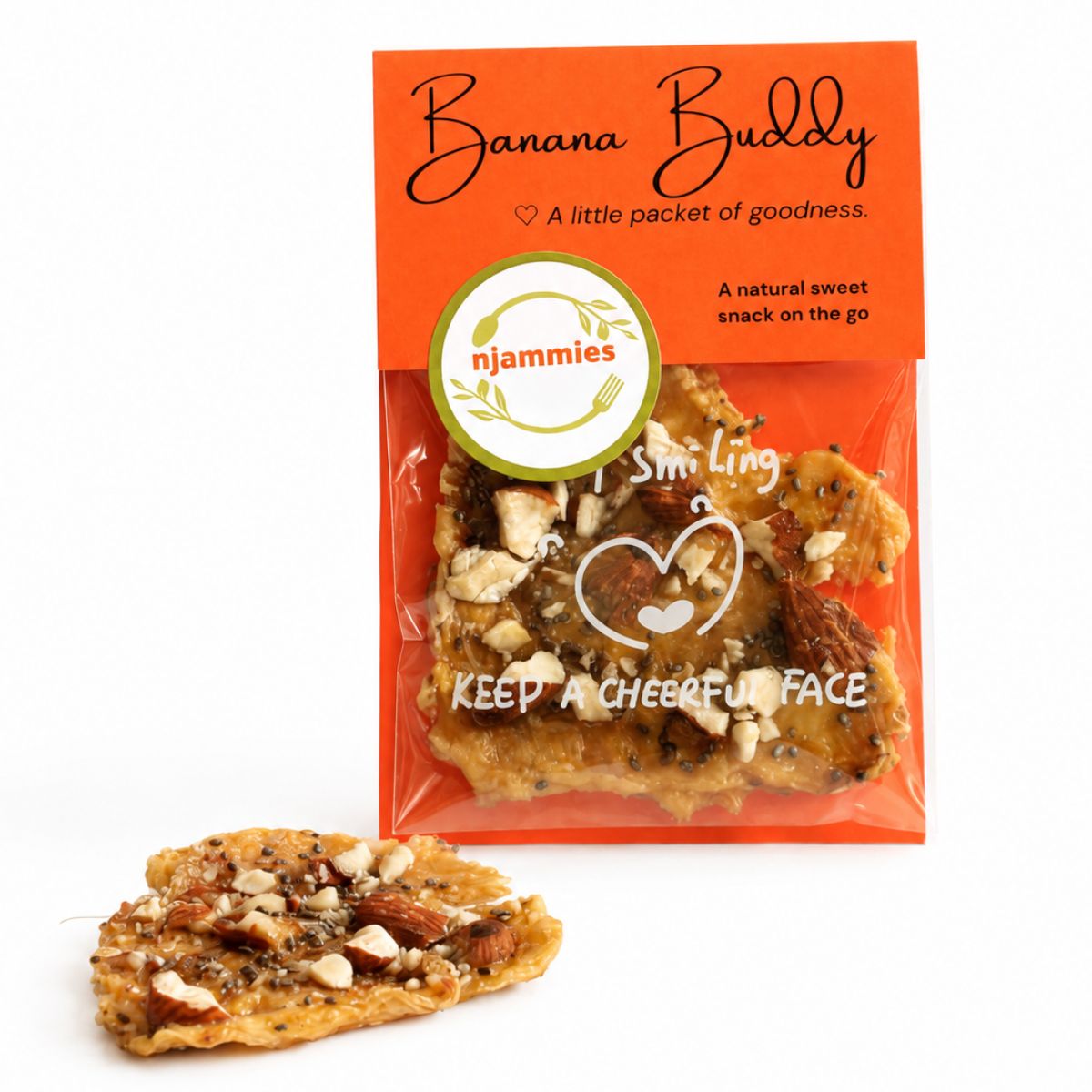 Njammies Banana Buddy pack with dried banana, nuts and seeds displayed in front.