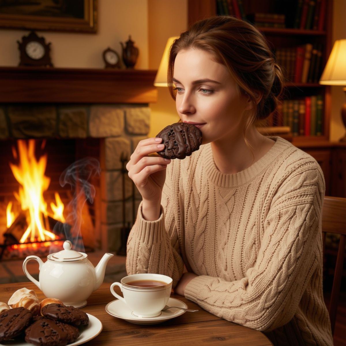 Woman enjoying a Njammies Choc-a-lots chocolate cookie with tea