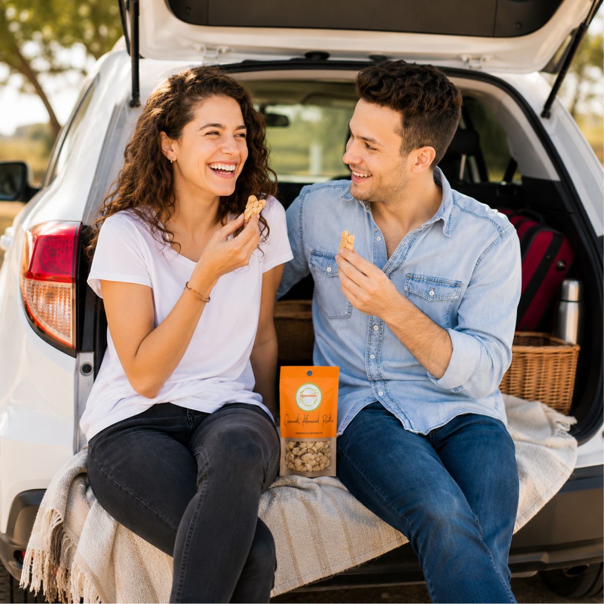 Couple enjoying Njammies Coconut Almond Rocks on a road trip