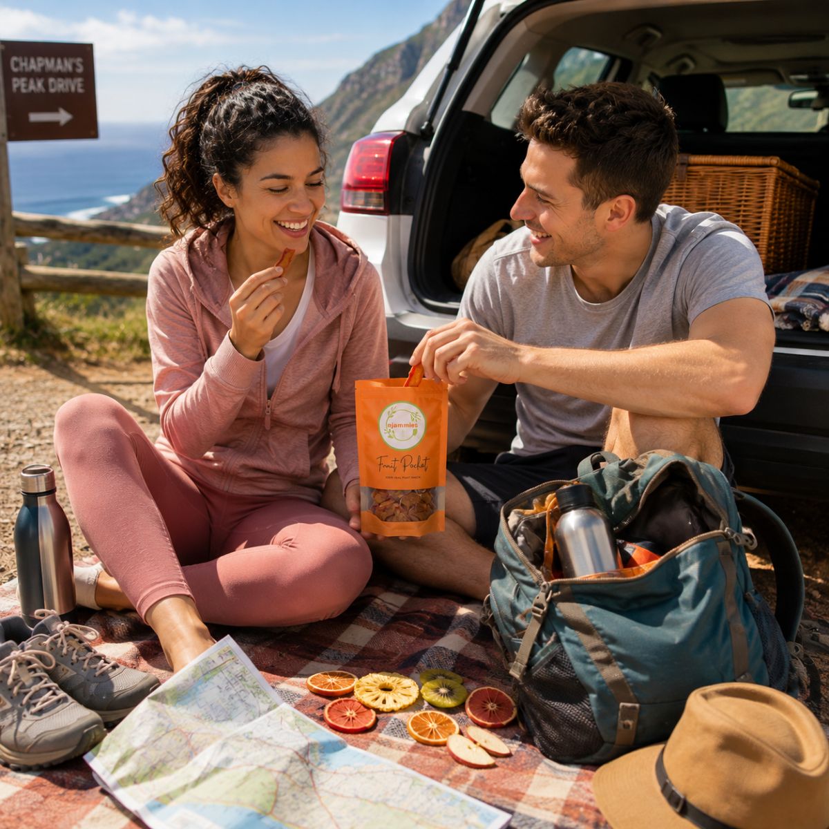 Friends enjoying Njammies dried fruit snacks together outdoors.