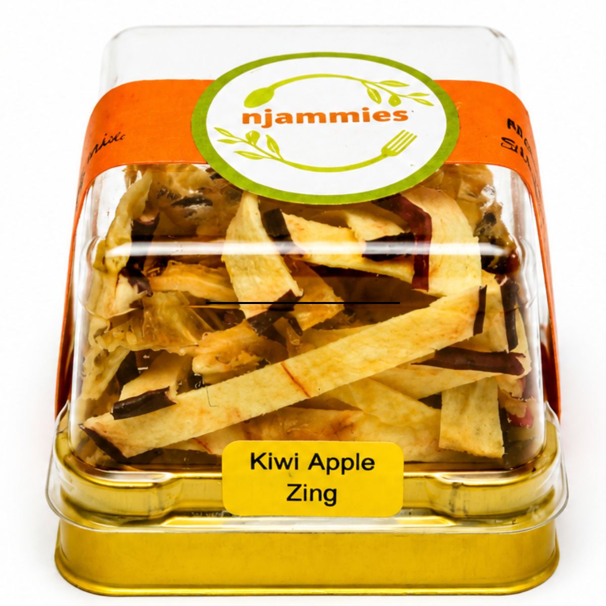 Njammies Pear Apple Affair Fruit String Mix with naturally dried kiwi and apple fruit strings in a clear dome container.