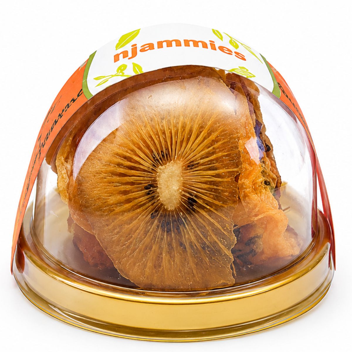 Njammies Kiwi Fruit Treasure showing naturally dried kiwi slices in a clear dome container.