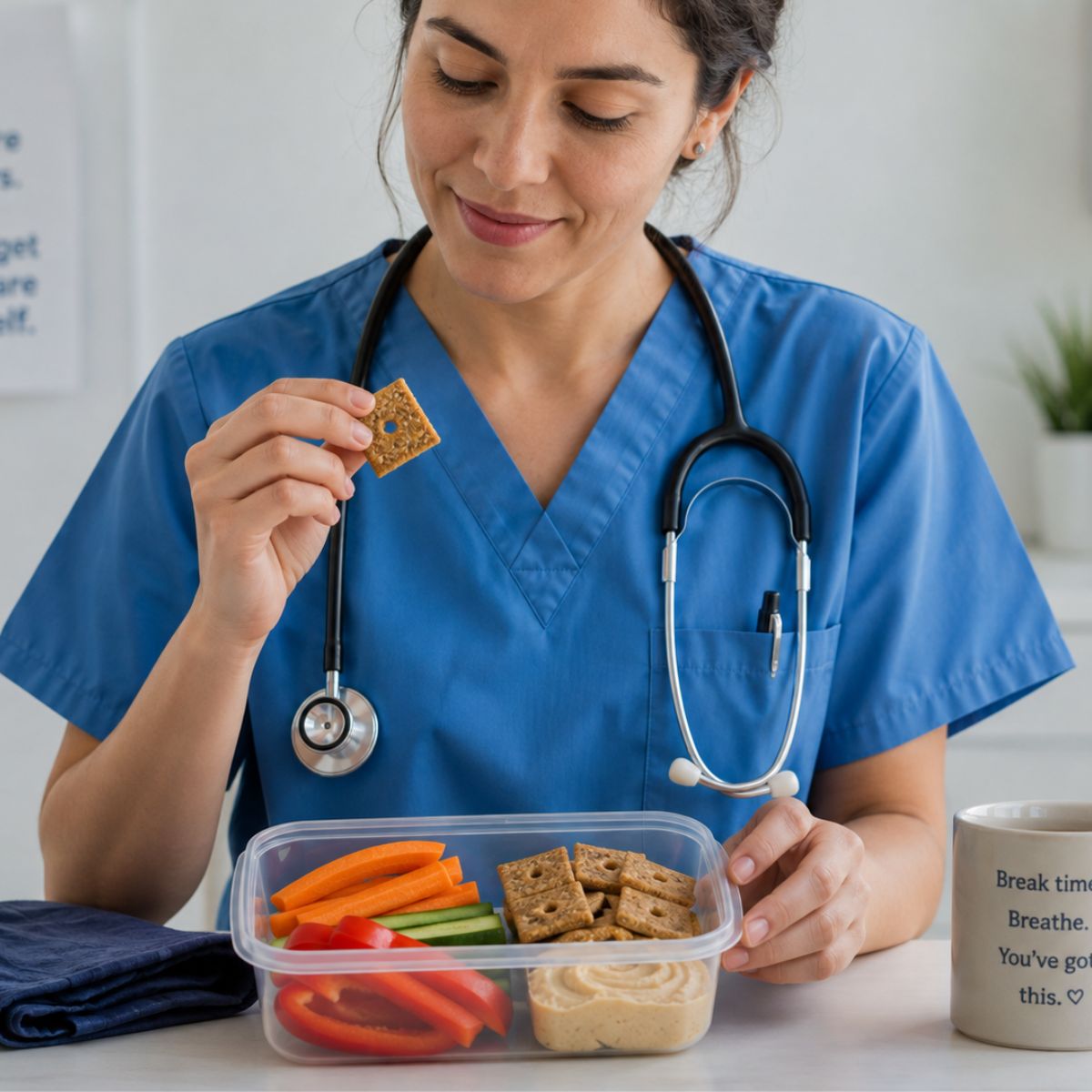 Woman enjoying a Njammies cracker with a colourful lunchbox.