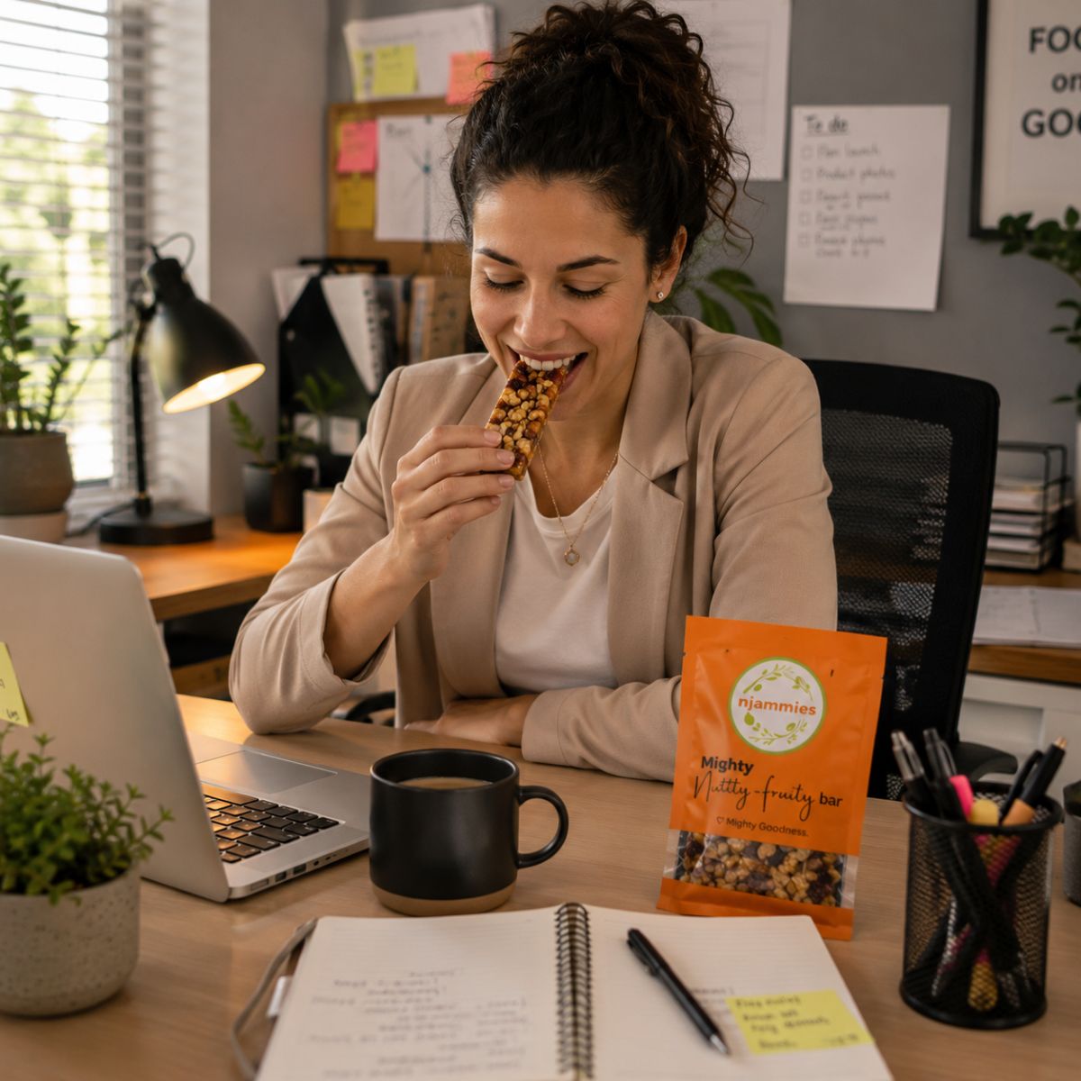 Woman enjoying a Njammies Mighty Nutty-Fruity Bite at her desk.