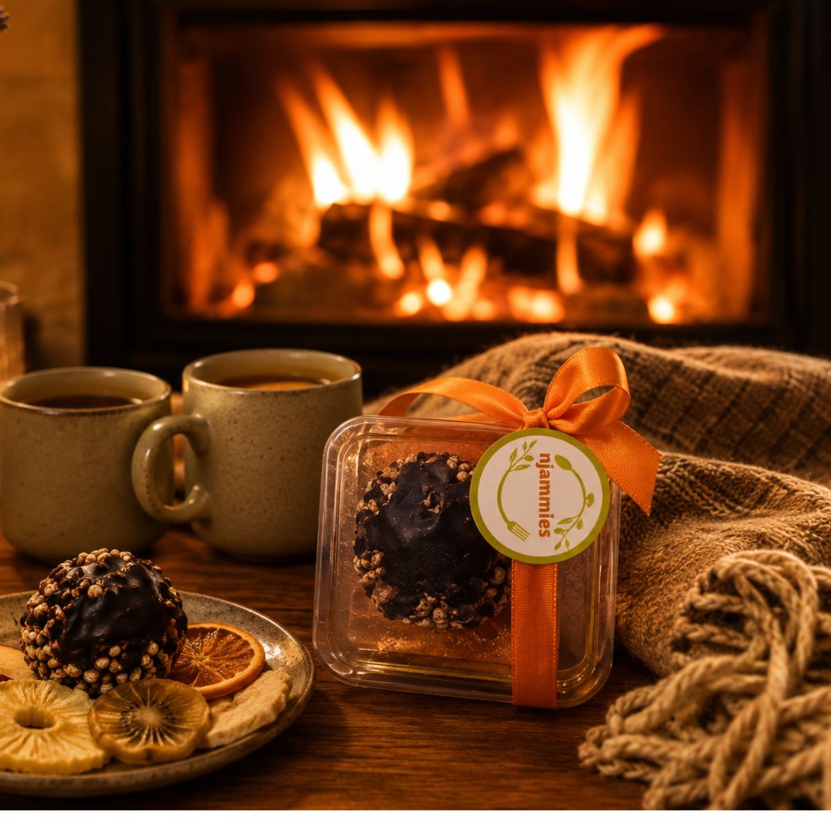 Njammies Millet Moon Balls beside a warm fireside setting with coffee and snacks.