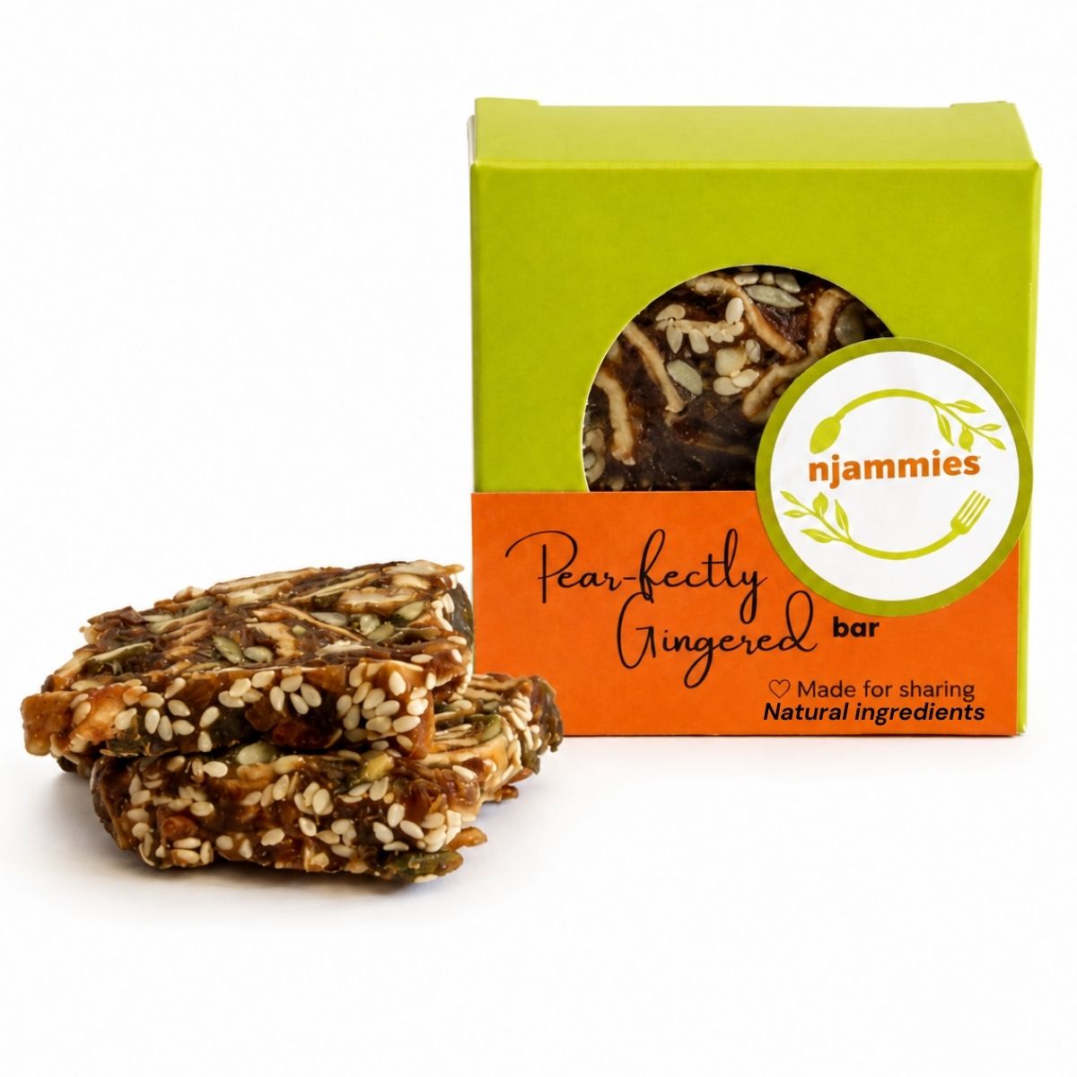 Njammies Pear-fectly Gingered Bar beside its green and orange packaging.