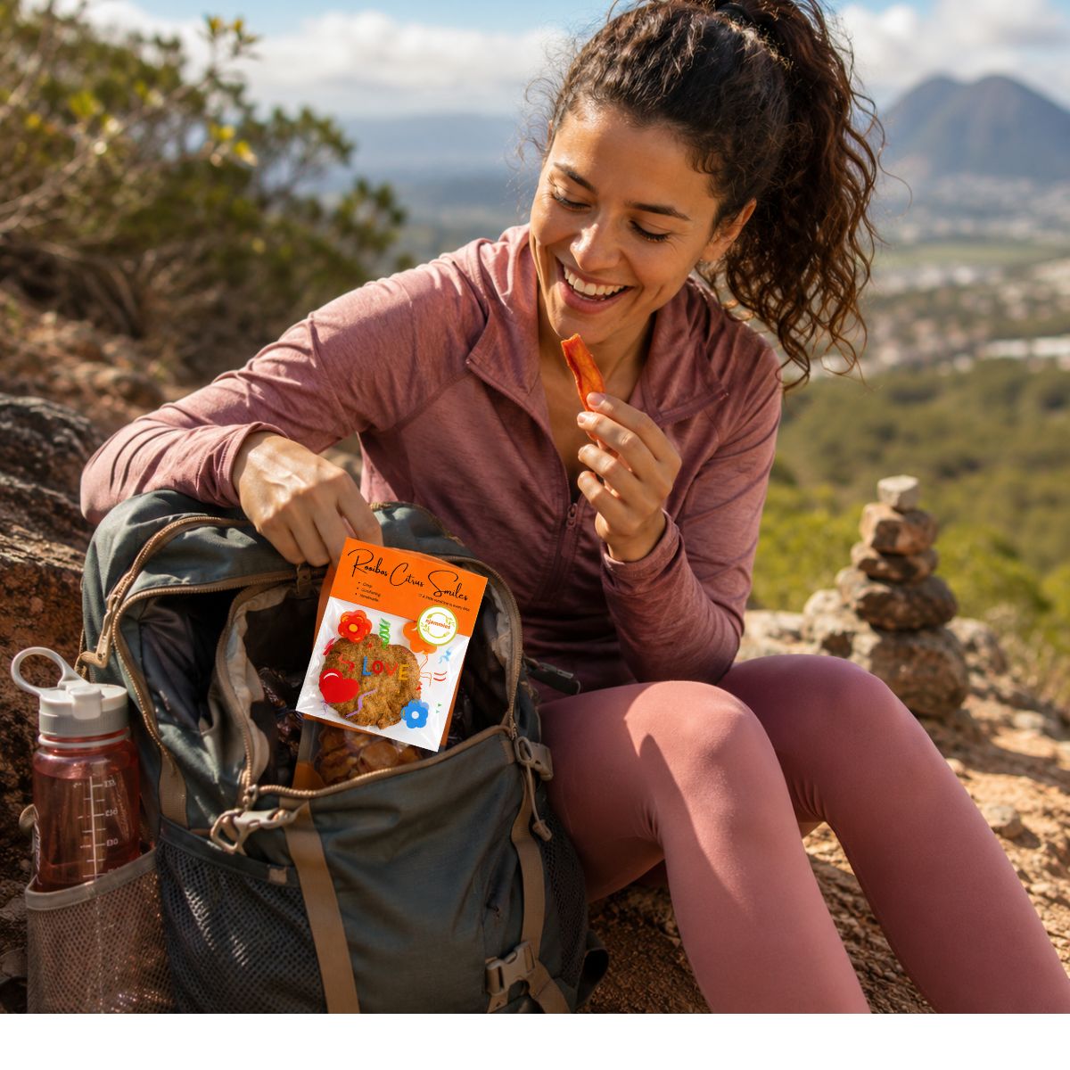 Woman enjoying Njammies Rooibos Citrus Smiles during an outdoor break.