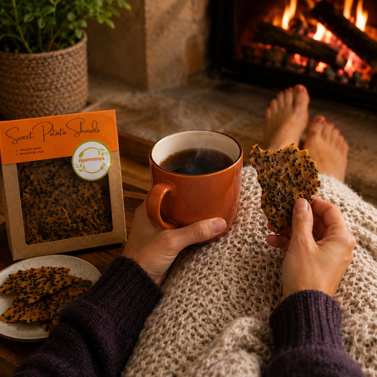Enjoying Njammies Sweet Potato Shards with coffee by the fire.