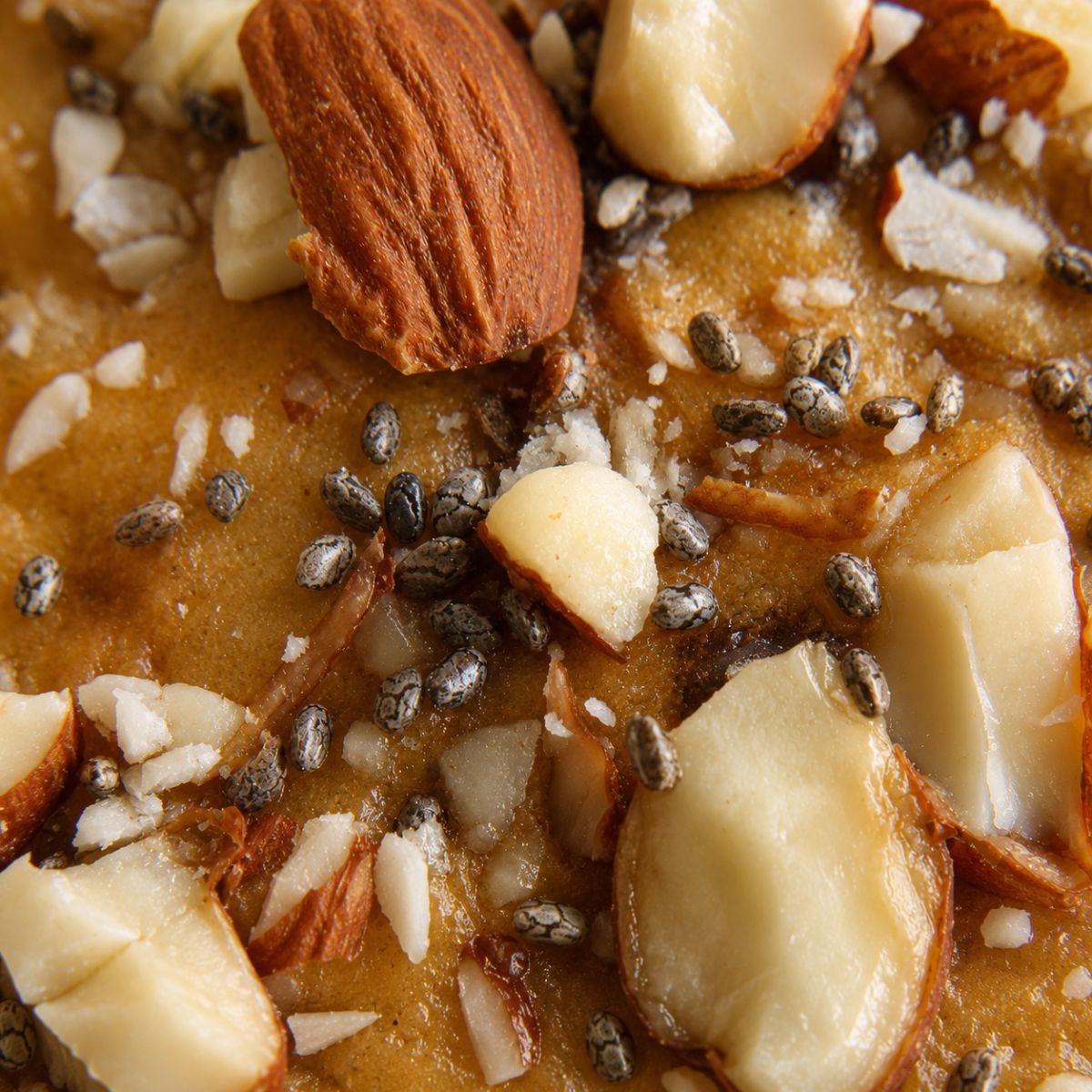 Close-up of Njammies Banana Buddy showing dried banana topped with crunchy nuts and seeds.