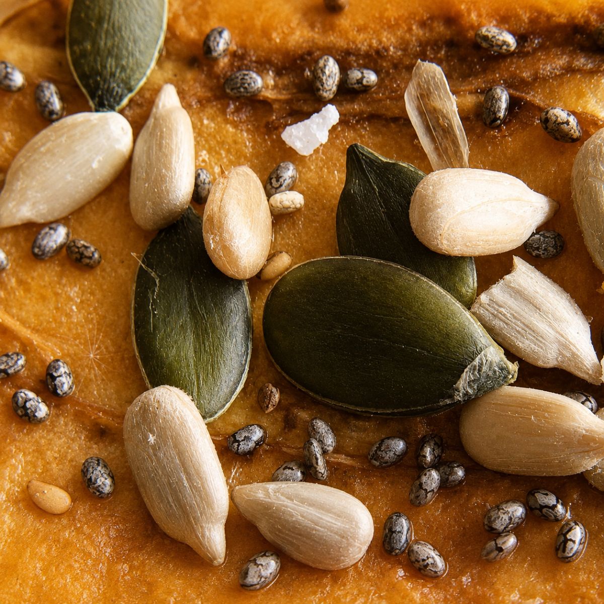 Close-up of Njammies Banana Delight showing dried banana topped with nuts, pumpkin seeds and chia seeds.