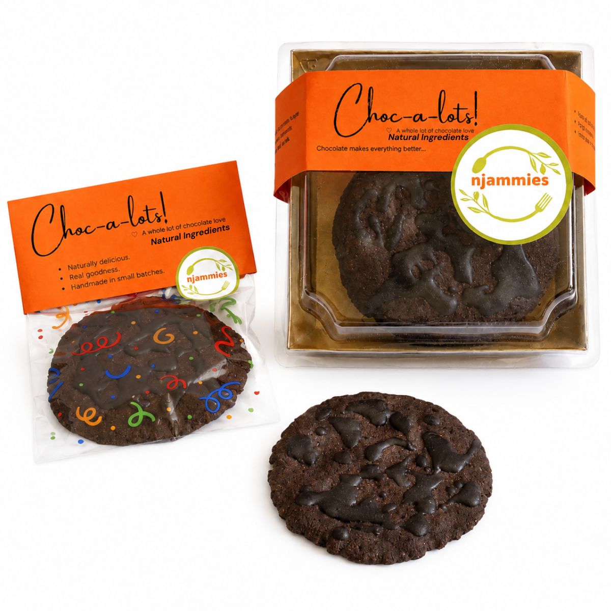Njammies Choc-a-lots chocolate cookies in box and single portions