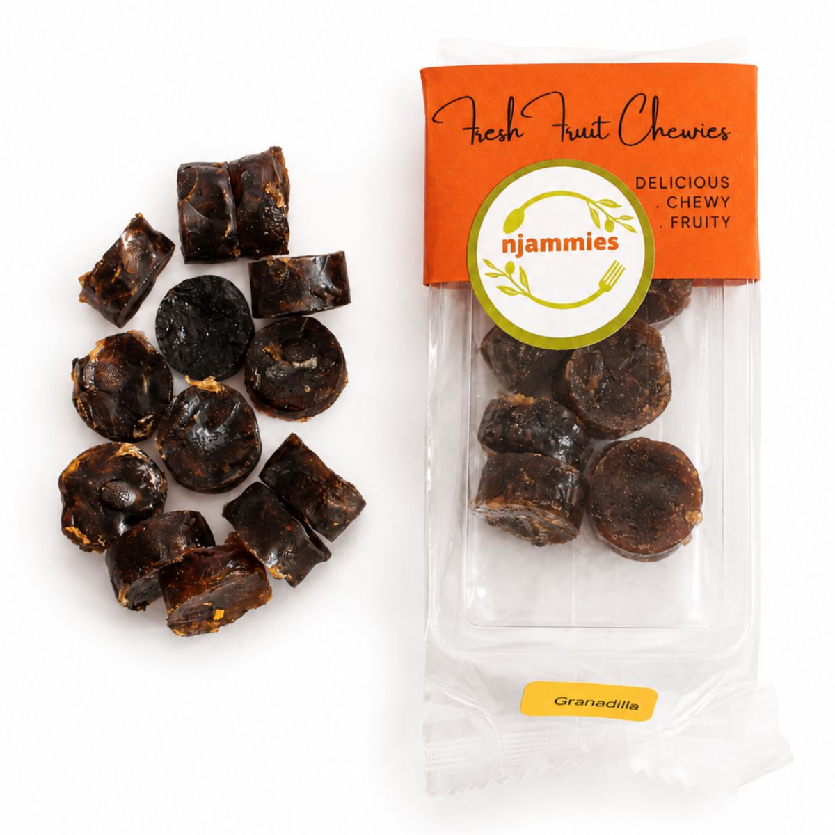 Njammies Granadilla Fresh Fruit Chewies with colourful chewy pieces beside the pack.