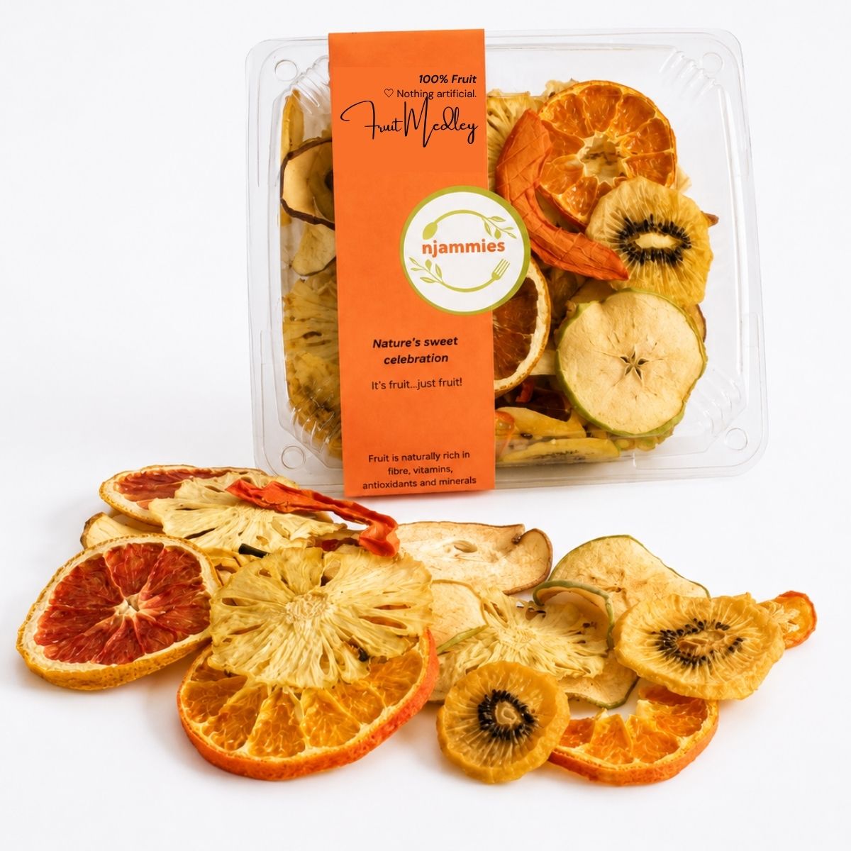Njammies Fruit Medley pack displayed with a colourful selection of naturally dried fruit pieces.