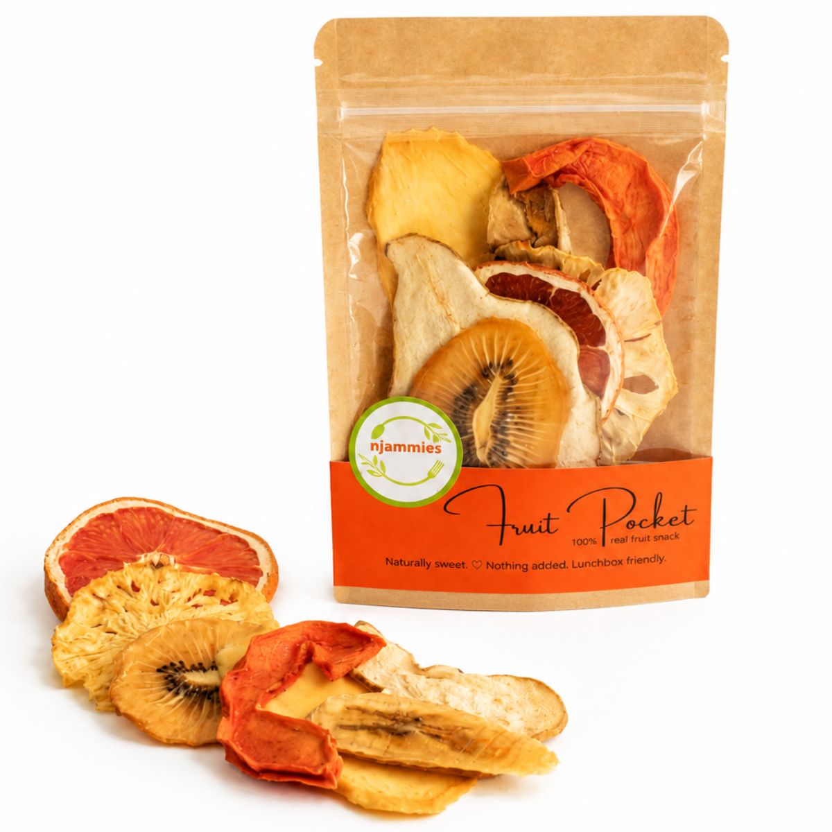 Njammies Fruit Pocket beside colourful pieces of dried fruit.