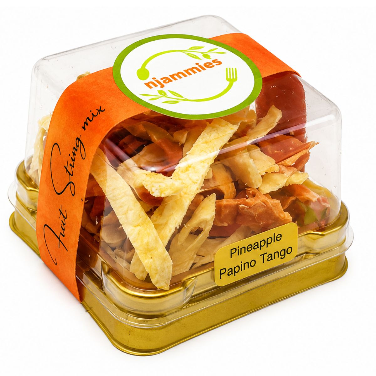 Njammies Pear Apple Affair Fruit String Mix with naturally dried pineapple and papino fruit strings in a clear dome container.