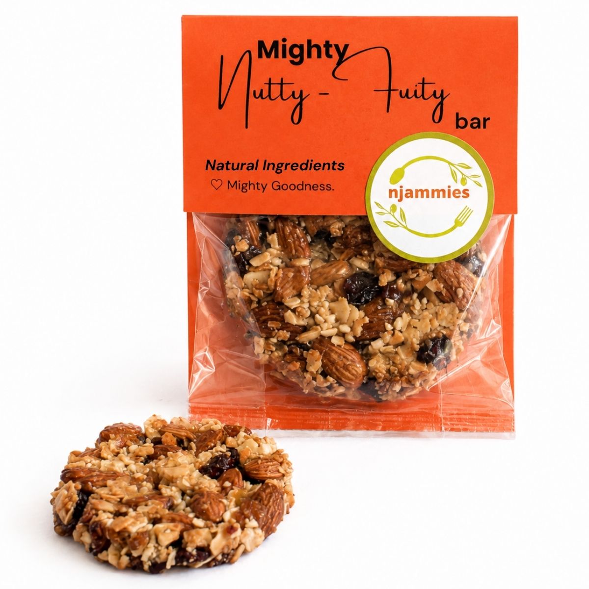 Njammies Mighty Nutty-Fruity Bite with its orange packaging.