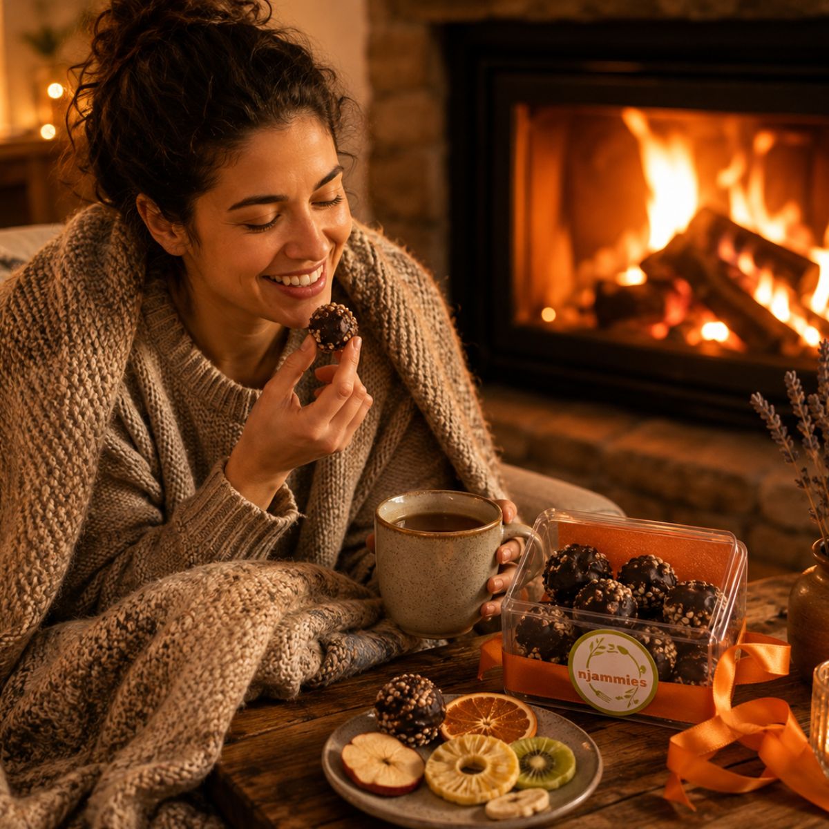 Woman enjoying Njammies Millet Moon Balls with a hot drink beside the fireplace.