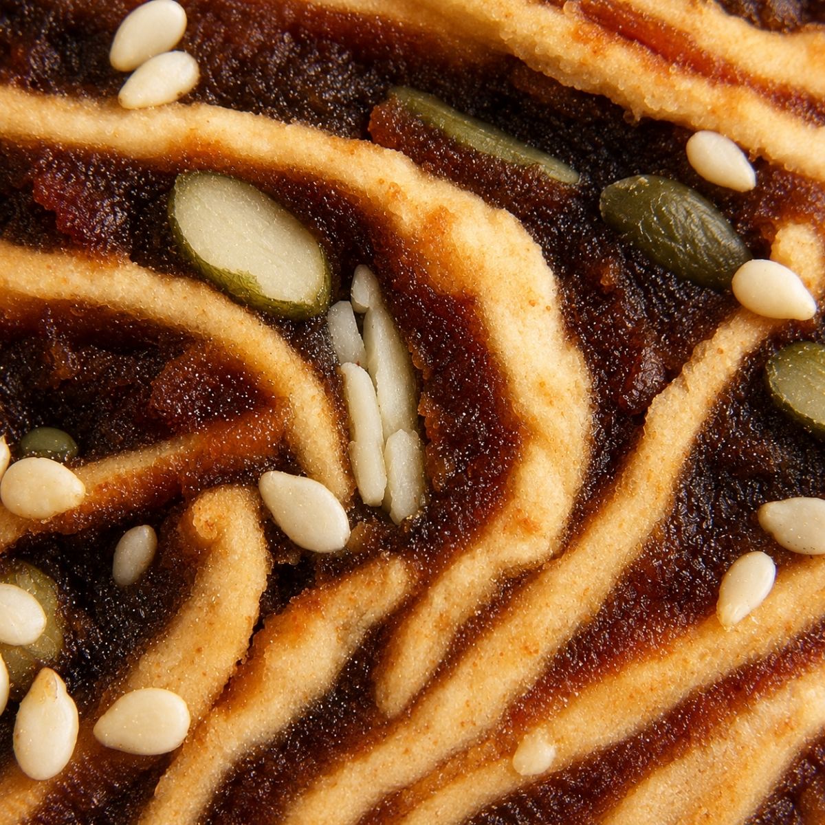 Close-up of a Njammies Pear-fectly Gingered Bar with pear, dates, pecans and seeds.