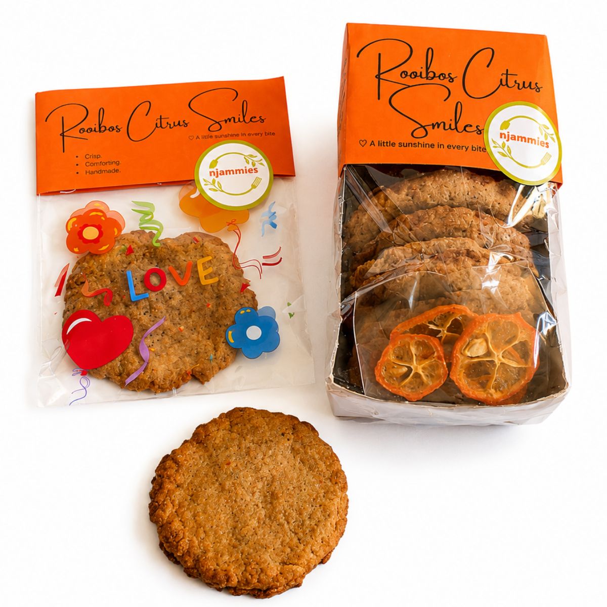 Njammies Rooibos Citrus Smiles packs with a cookie displayed in front.