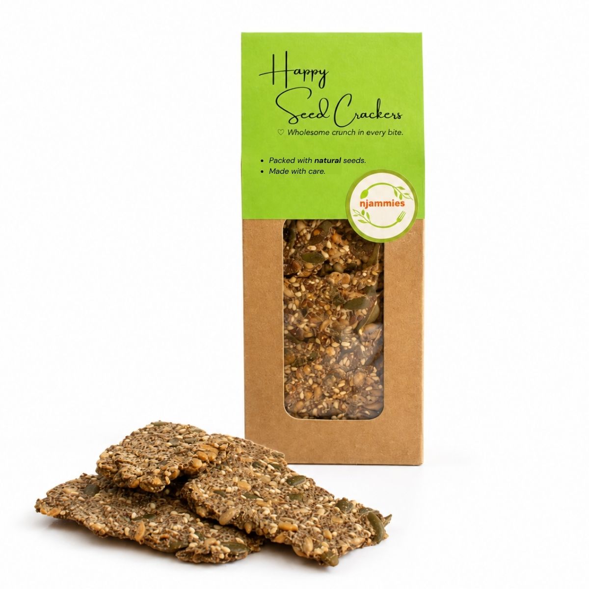 Njammies Happy Seed Crackers pack with seeded crackers.