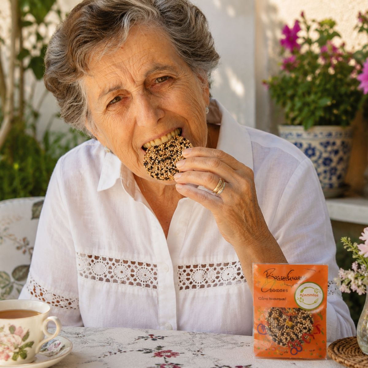 Woman enjoying a Njammies Sesame Banana Smooch with tea
