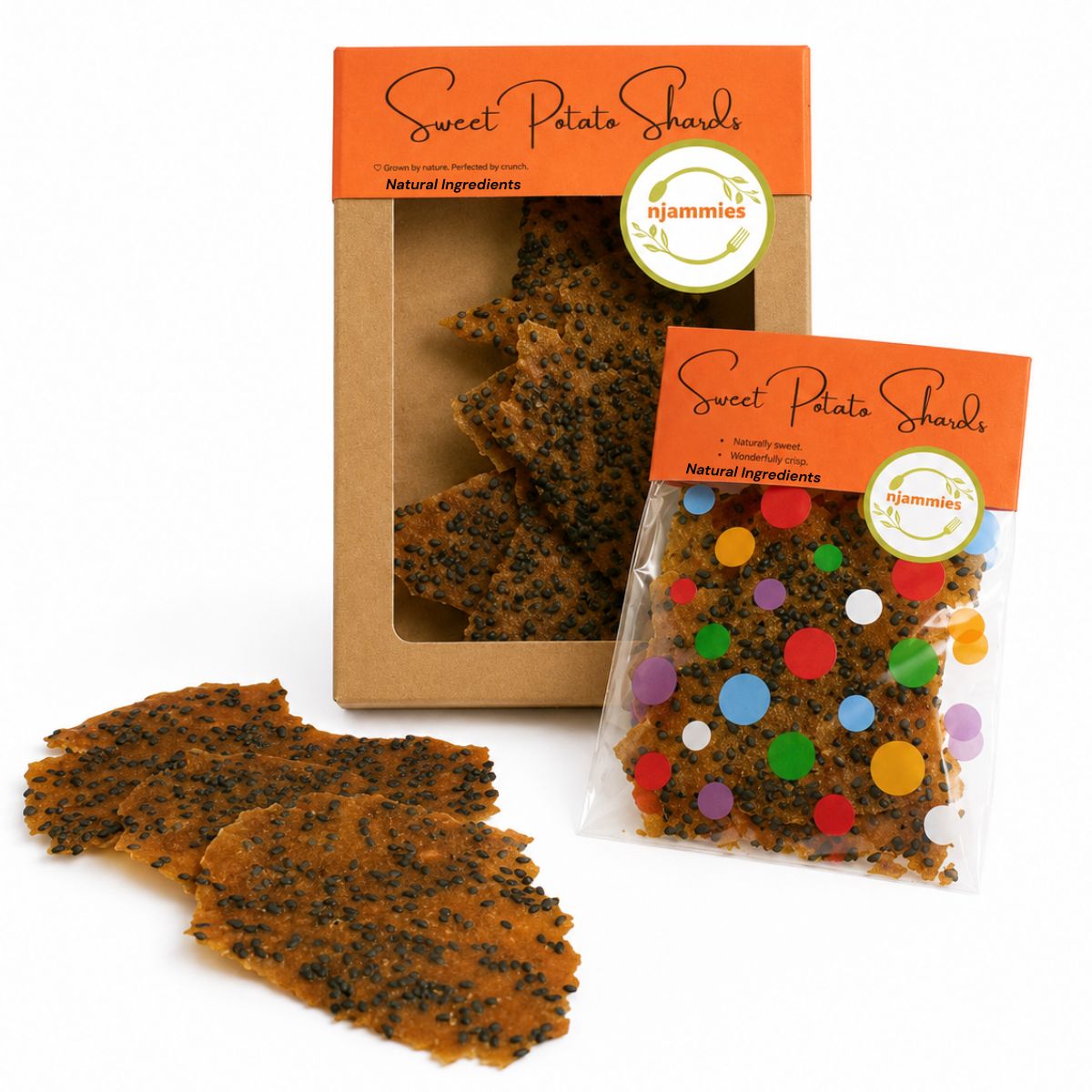 Njammies Sweet Potato Shards 120 g box and 25 g single pack