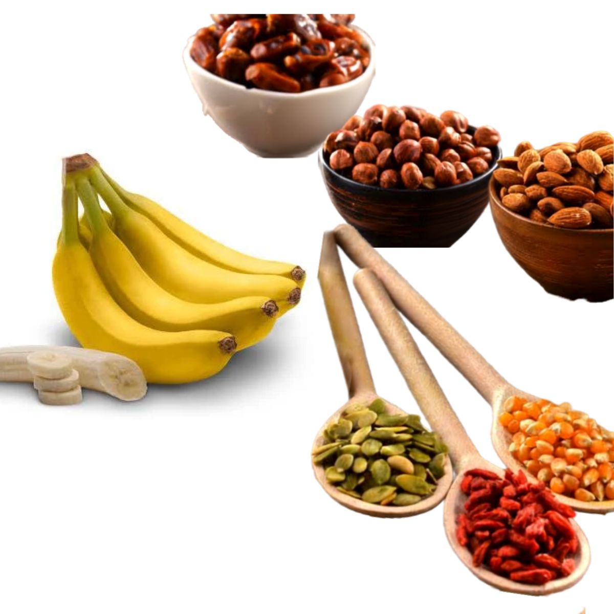 Bananas with a colourful selection of nuts and seeds used to make Njammies Banana Buddy.